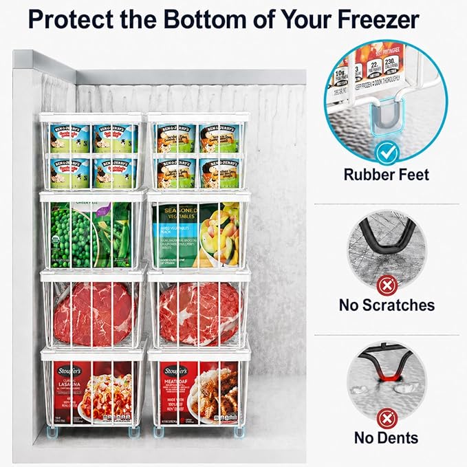 iSPECLE Deep Freezer Organizer Bins - Fits 7 Cu.Ft Chest Freezer, 8 Pack Stackable Wire Baskets(14.7" Length), Heavy Duty Coated Freezer Organizer, Rust Resistant for Frozen Food Sorting, White