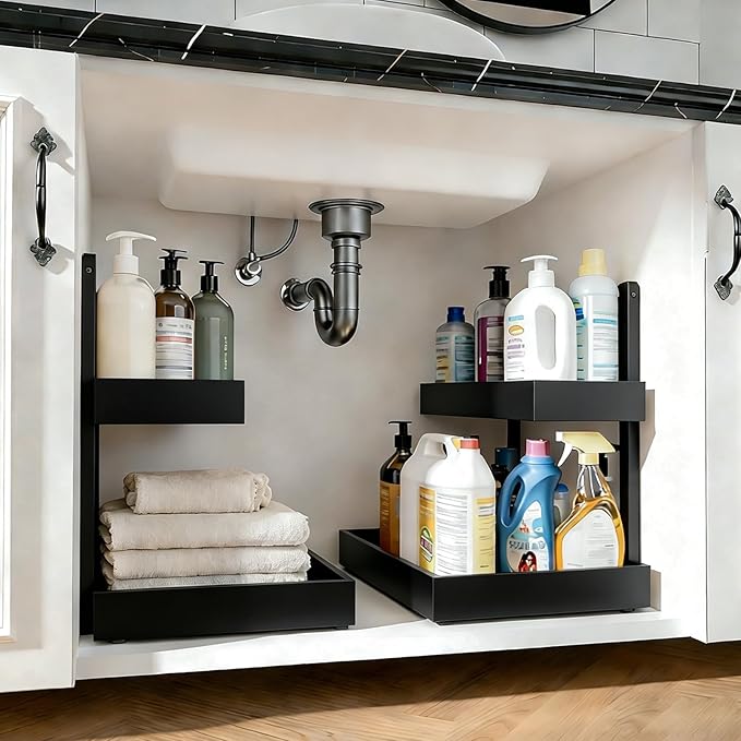 Bamboo Undersink Organizer Storage - 2-Tier Cabinet Shelf with Adjustable Levels, Under Sink Storage Slide Out for Cabinet Pantry Kitchen Bathroom (Black, 2 Packs)