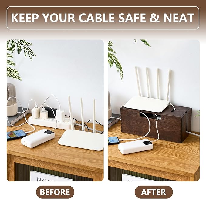 Oak Wood Cable Management Box - Large Cord Hider & Organizer with Magnetic Lid for Desk & Floor Cables in Home Office, Living Room, Bedroom (Walnut)
