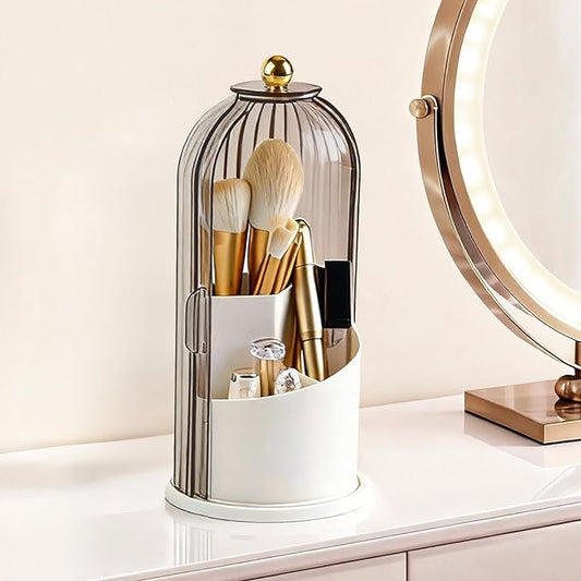 360° Rotating Makeup Brush Holder with Lid, Grey