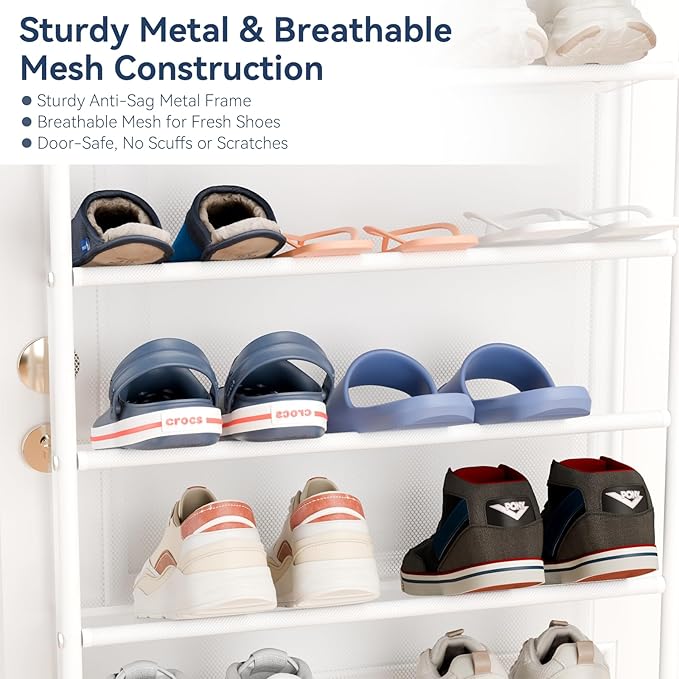Whitmor 36 Pair Over the Door Shoe Organizer, 12 Tier Hanging Shoe Organizer, Heavy Duty Metal & Mesh Shoe Holder, Hanging Shoe Rack for Closet Organizer & Storage, 74"L x 21.7"W x 7.5"H, White
