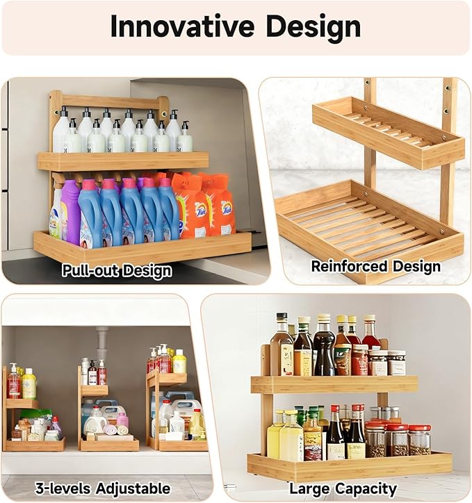 Bamboo Undersink Organizer Storage - 2-Tier Cabinet Shelf with Adjustable Levels, Under Sink Storage Slide Out for Cabinet Pantry Kitchen Bathroom (Natural, 2 Packs)