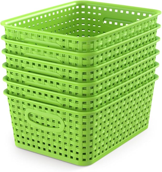 6-Pack Plastic Small Shelf Storage Weave Baskets Organizing for Cabinets, Green