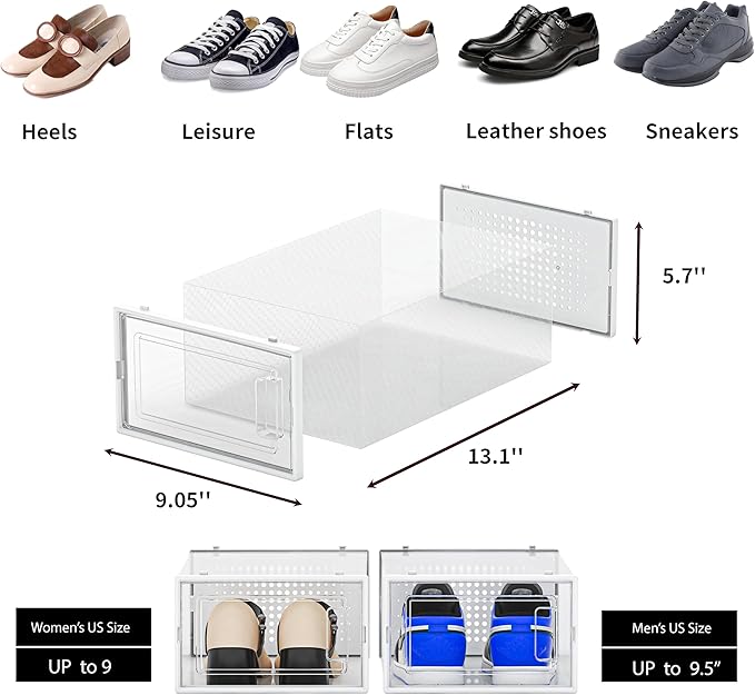 12 Pack Shoe Organizer Storage Bins, Clear Plastic Stackable Shoe Boxes for Closet, Space Saving Foldable Shoe Storage Bins, Sneaker Storage Shoe Box Container, White Frame