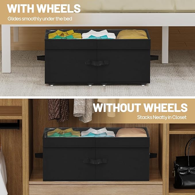 Large Under Bed Storage with Wheels, 10" Height Rolling Underbed Storage Containers Bins with Lid, Deep No-Assembly Under Dorm Bed Storage Drawers for Shoes, Clothes, Blankets (2 Pack, Black)