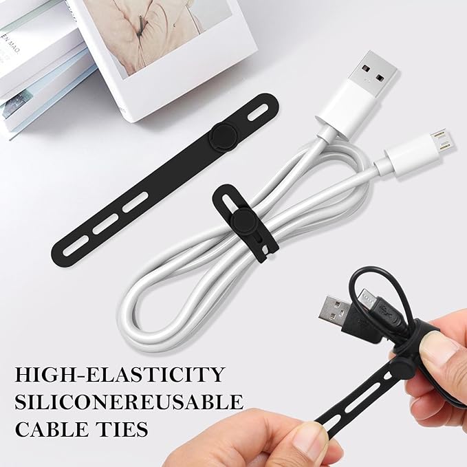 Donruby 30Pcs Silicone Cable Ties - Reusable & Washable with Adjustable Locking Buckles, High Elasticity Cable Management Straps for Home, Office, School, Travel Essential Cord Organizer (Black)