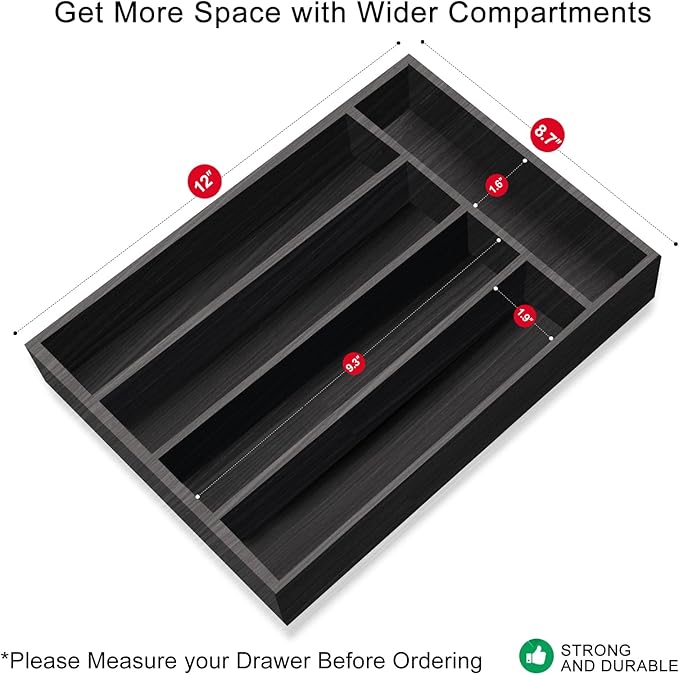 Small Kitchen Utensil Organizer Wooden Cutlery Tray Narrow Wood Silverware Holder Drawer Divider Flatware Organizer Storage Silverware Utensils Tray Black Bamboo Spoon Cutlery Organizer for Drawer