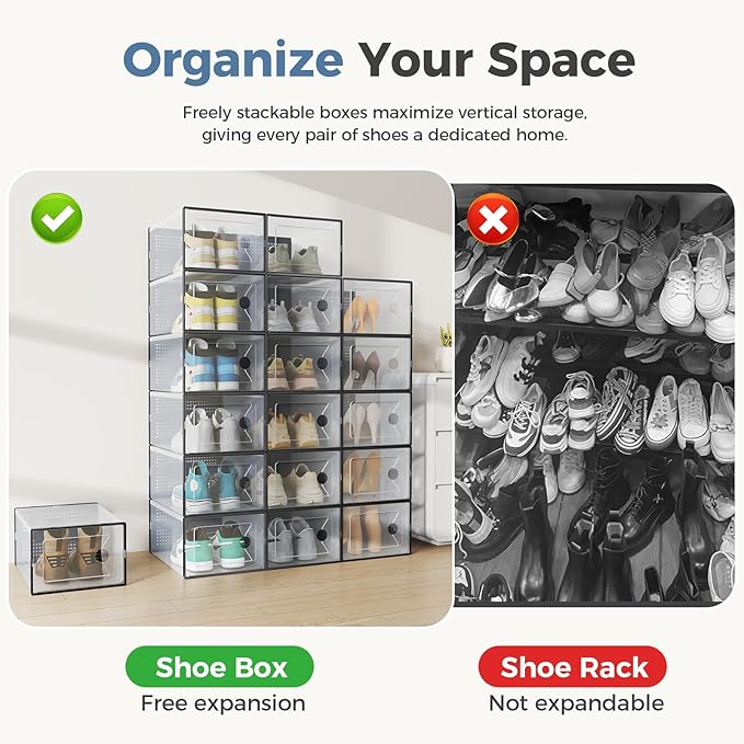 OLIXIS Shoe Storage Boxes, 15-Pack Clear Stackable Shoe Organizers with Lids, Sneaker Display and Storage Containers for Closet, Under Bed, Entryway, Black