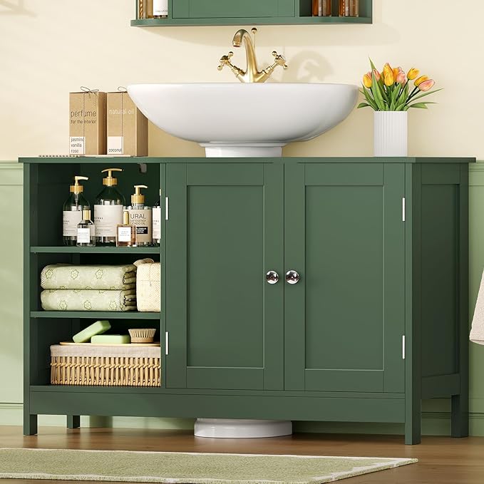 TEENFON 35.4" Pedestal Sink Storage Cabinet with 2 Doors and Adjustable Shelves, Bathroom Sink Cabinet, Under Sink Storage with U-Shape Cut-Out, Green