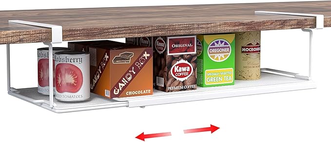 Expandable Under Cabinet Shelf, Extendable Under Shelf Storage with 0.94 Inches Thick Clips for Pantry Cabinet, Laundry Room, Shoe Rack.(White, 1 Pack, Interior: 3.66" H x 8.26" D)