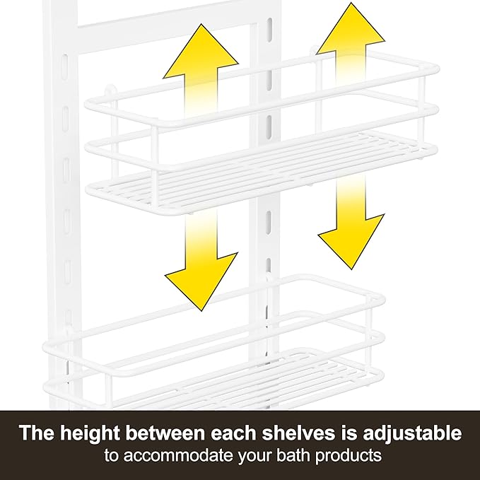 Orimade 4 Tier Adjustable Anti-slip Shower Caddy Over Shower Head, Rustproof Bathroom Hanging Organizer With 4 Hooks for Razor, No Drilling Shower Shelves Storage Rack, White