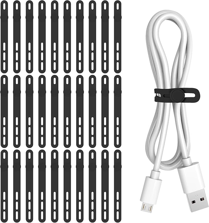 Donruby 30Pcs Silicone Cable Ties - Reusable & Washable with Adjustable Locking Buckles, High Elasticity Cable Management Straps for Home, Office, School, Travel Essential Cord Organizer (Black)