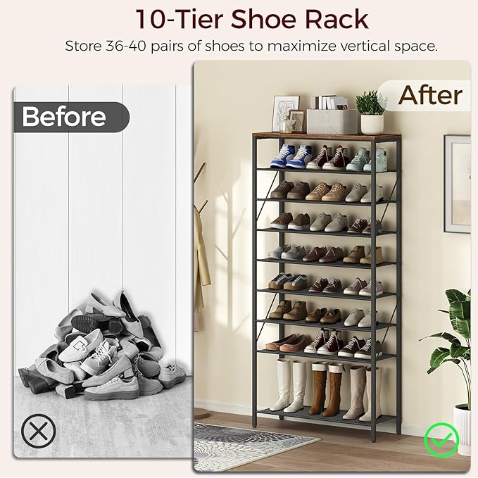 MAHANCRIS 10 Tier Shoe Rack Organizer for Closet, Holds 36-40 Pairs, Tall Metal Shoe Storage Shelf for Entryway Bedroom, Sturdy Freestanding Shoe Rack Space Saving, Large Capacity, Rustic Brown