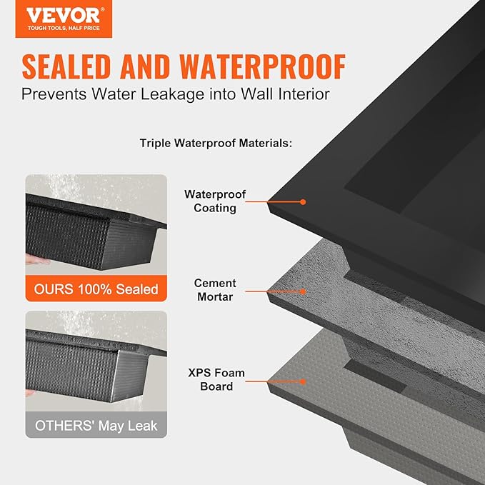 VEVOR Shower Niche Ready for Tile 16" x 50", Single Shelf Organizer, Square Corners Wall-inserted Niche Recessed, Sealed Protection Modern Soap Storage Niche for Shower Bathroom, Black