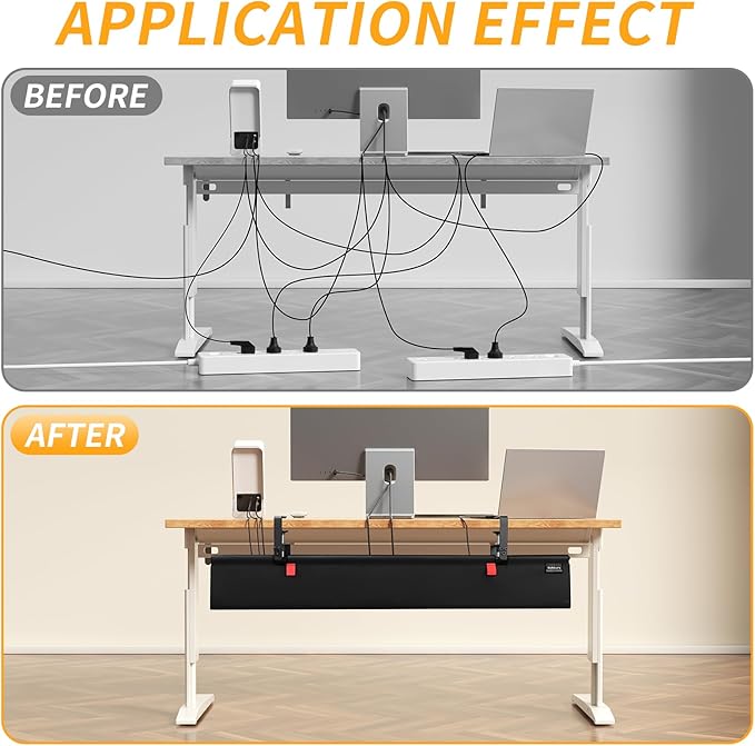 Under Desk Cable Management Tray with Clamp, No Drill 28" Cord Organizer for Desk, Desk Cable Management Fabric Tray for Standing Desks, Ideal for Home & Office - Black