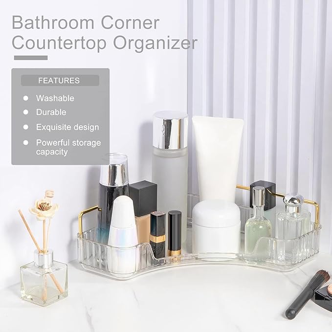 INVSSENE Corner Bathroom Countertop Organizer, Vanity Organizer Trays for Counter, Makeup Organizers, Perfume Tray, Skincare Shelf Storage Gifts for Women Girl Student (Clear, 1 Tier)