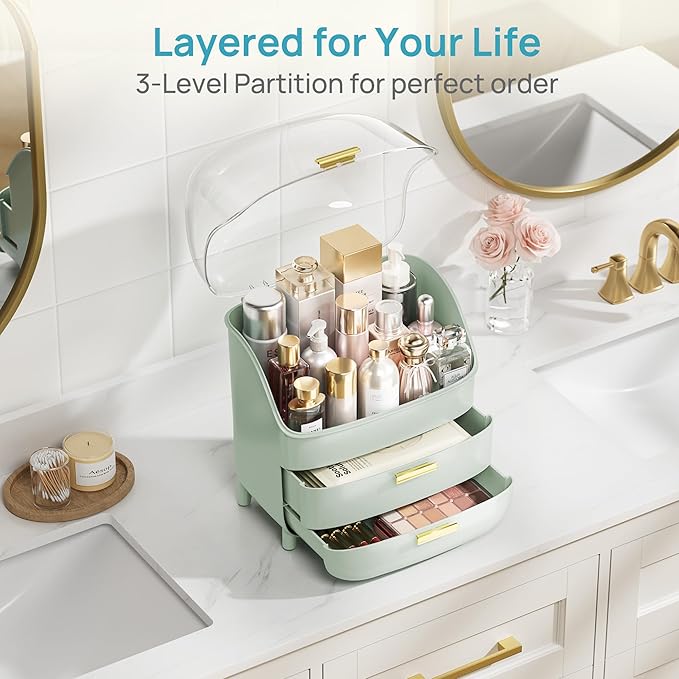Vtopmart 3-Tier Skincare Makeup Organizer with Drawers and Lid for Vanity and Bathroom Countertop, Large Cosmetic Storage Box Case for Dresser, with Non-Slip Base, Green