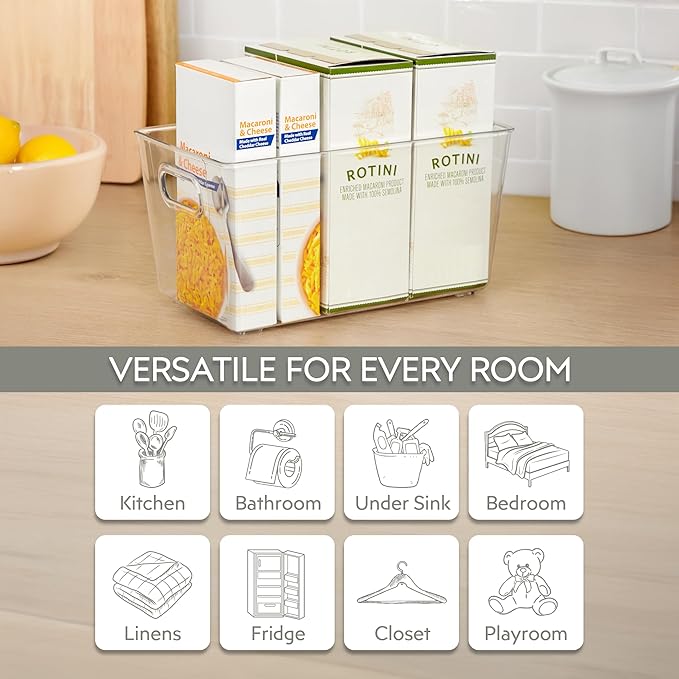 Set of 4 Clear Plastic Storage Bins With Handles, Containers To Organize Pantry, Fridge, Cabinet, Kitchen, Countertop, Closet, Cupboard, Home Organization and Storage