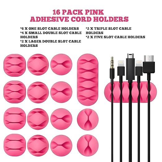 PERFORMORE 16 Pack of Cable Clips Cord Organizer, Pink Self-Adhesive Cord Holders for Cable Management, Multipurpose Wire Charger Organizer Clips for Home, Office, Car, and Desks