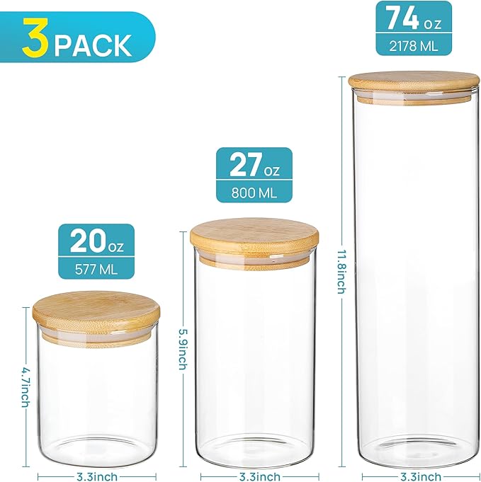 Vtopmart Glass Food Storage Jars, 3 Pack Kitchen Containers with Airtight Bamboo Wooden Lids for Pasta, Cookies, Nuts, Coffee Beans, Cereal, Canisters Set for Flour, Pantry Organization, BPA Free