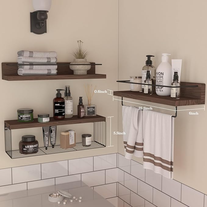 PopiShelves 22.5 inches Bathroom Shelves Over Toilet for Wall, Floating Shelves with Storage Basket Paper Holer for Kitchen Living Room, Bedroom & Classroom, Set of 3 (Dark Brown)
