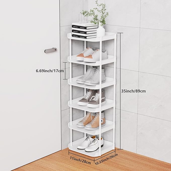 6 Tier Narrow Shoe Storage Rack, Compact Single Shoerack Stand for Slim Space, Stackable Tall Thin Show Tower, Solid Plastic Shelves, for Hallways, Kitchens, Bedrooms Tidy Organizer, White