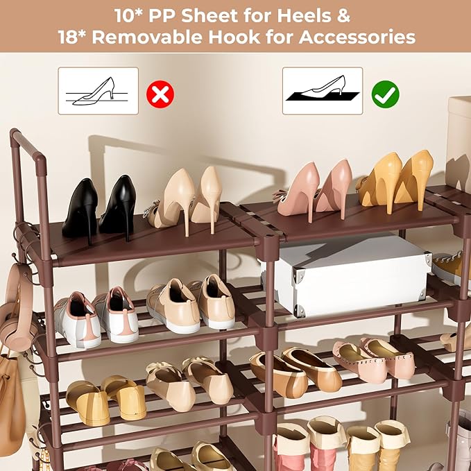 ROJASOP Large Shoe Rack Organizer for Entryway Closet 64-68 Pairs 9-Tier Heavy Duty Tall Garage Shoe Rack Shoe Shelf Shoes Storage with 18 Pcs Removable Side Hooks for Bedroom and Garage Brown