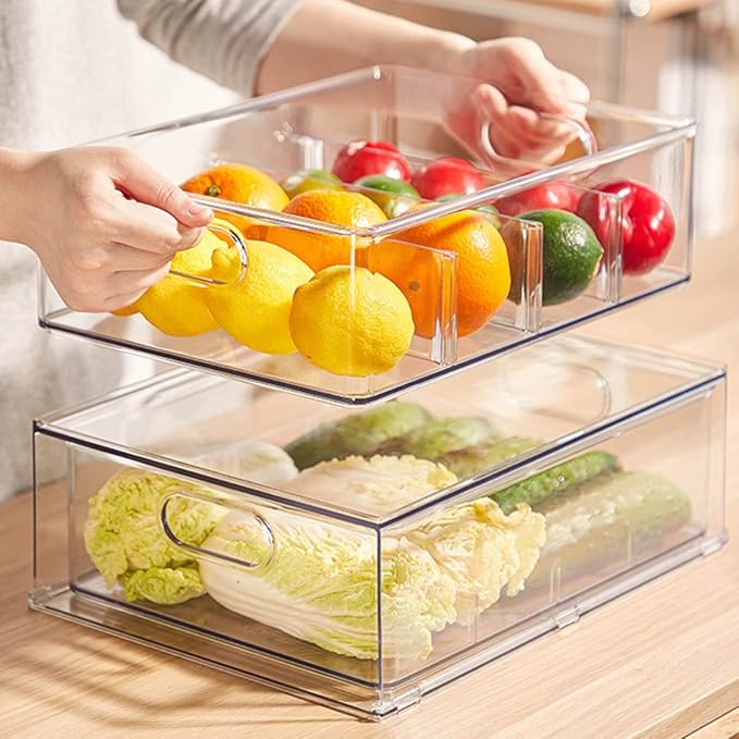 Stackable Fridge Drawer Pull-Out Bins with Handles 3 Pack Large Clear Food Container with Removable Dividers Refrigerator Storage box Divided Produce Saver for Pantry Kitchen
