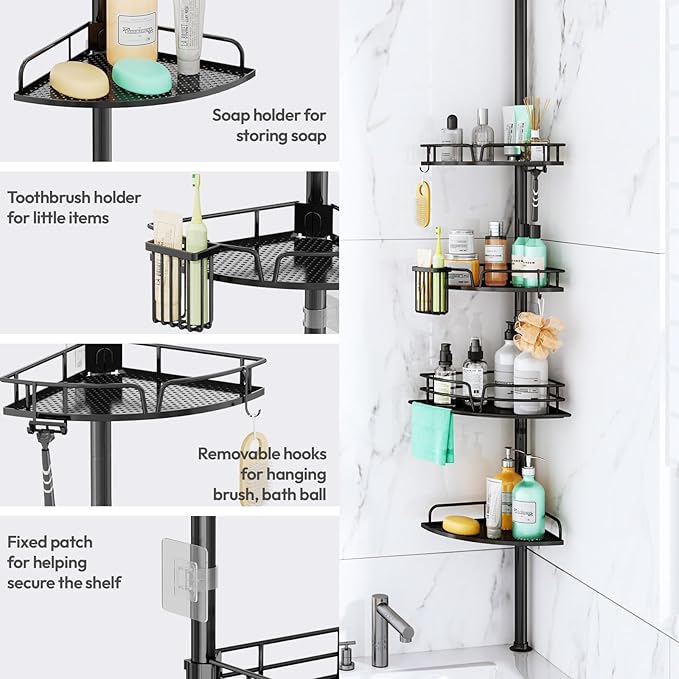 Shower Caddy Tension Pole, 4-Tier Corner Shower Organizer Tension Rod
