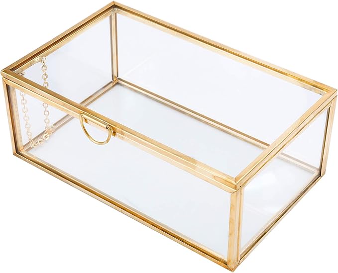 HighFree Vintage Glass Box with Lid - Clear Jewelry Glass Display Box Keepsake Box - Home Decor Decorative Box for Trinket Rings Bracelet (Gold, X-Small)
