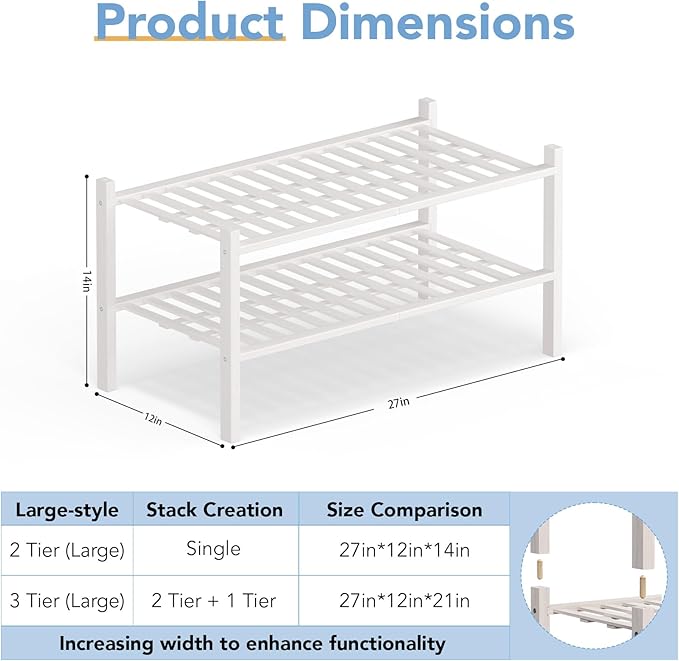 Haddockway Large 2 Tier Bamboo Shoe Rack Storage Organizer, Multifunctional Free Standing Stackable Shoe Shelf with Grid Panel for Closet,Hallway,Entryway,Small Space 27"x12"x14"