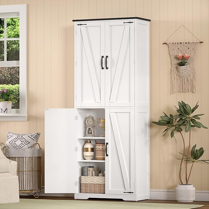 TEENFON Tall Pantry Cabinet, Kitchen Cabinet with 4 Shelves, Adjustable Shelves, Pantry Cabinets with 4 Barn Doors, Tall Kitchen Cabinets for Dining Room, Living Room, White