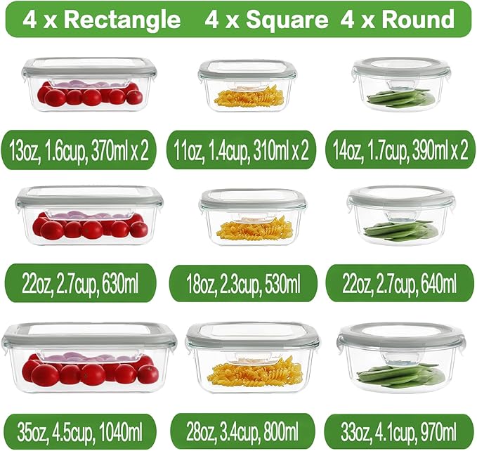 24pc Glass Food Storage Containers with Lids, Glass Meal Prep Containers, Gray
