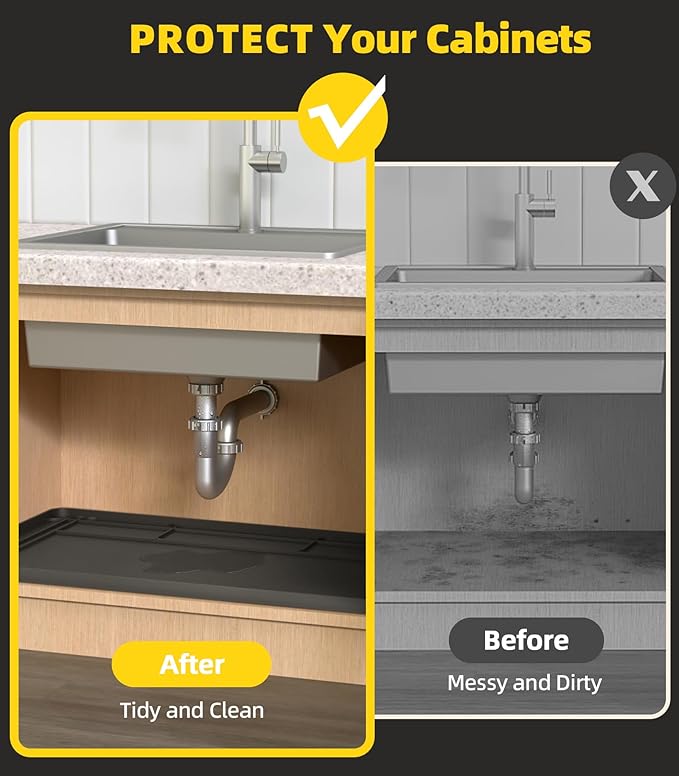 Under Sink Mats for Kitchen Waterproof, Black, Large