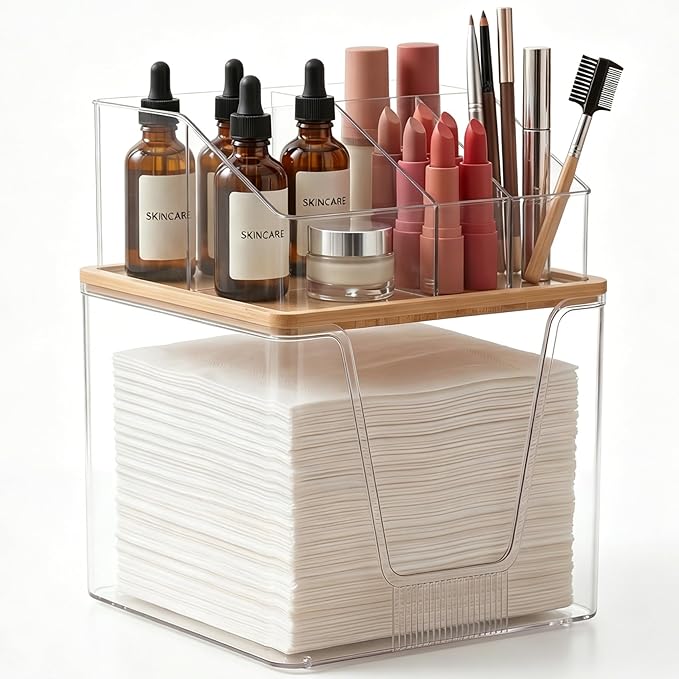 Disposable Facial Towels Holder with Bamboo Lid, 2 in 1 Facial Towels Storage Box and Cosmetics Organizer, Clear Acrylic Box Stackable Vanity Organizer Compatible with Clean Skin Club Towel XL