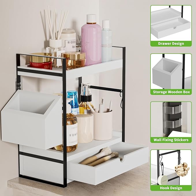 Kottwca 2-Tier Bathroom Counter Organizer with Drawer, Basket & Hooks, Wooden Vanity Shelf for Skincare, Perfume & Makeup Storage(White)