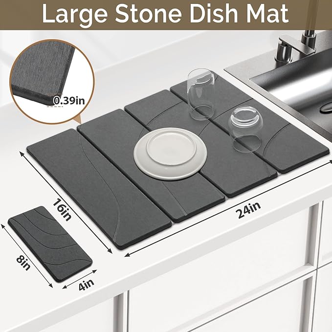 Large Stone Dish Drying Mat for Kitchen Counter, Carved Gray 24"x16"&8"x4"