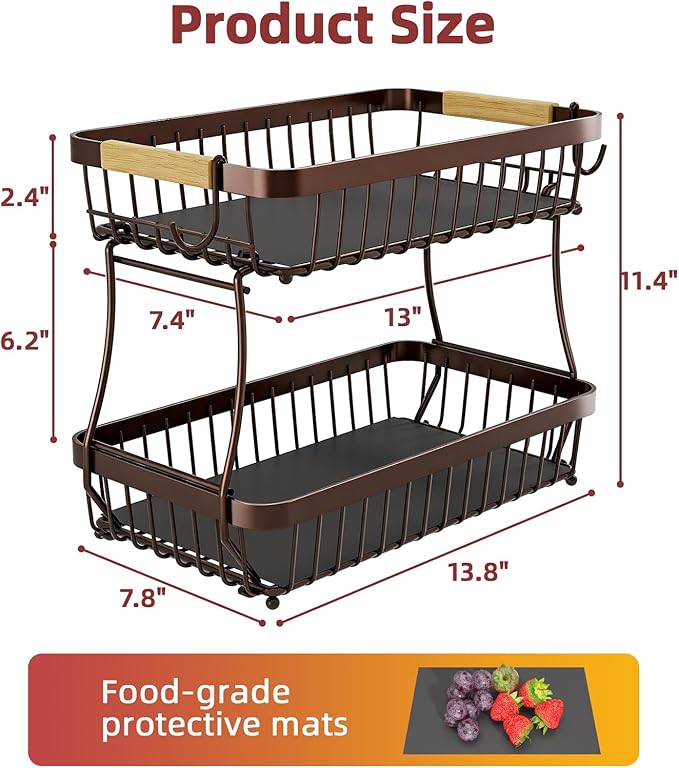 Sevenblue 2 Tier Large Fruit Basket for Kitchen Counter with 2 Mobile Banana Hangers, 2026 Pro Detachable Metal Fruit Bowl with Wooden Handle (Brown, 2 Tier)