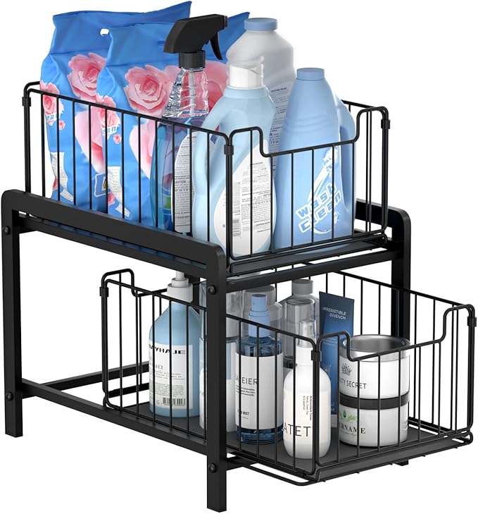 NPPLUS 2-Tier Under Sink Organzier: Iron Under Sink Cabinet Organizers With Sliding Drawer - Pull Out Home Storage For Bathroom Kitchen Desktop (Black)