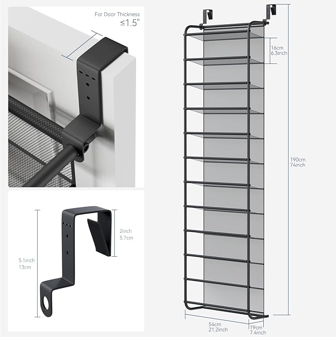Whitmor 36 Pair Over the Door Shoe Organizer, 12 Tier Hanging Shoe Organizer, Heavy Duty Metal & Mesh Shoe Holder, Hanging Shoe Rack for Closet Storage, 74"H x 21.7"W x 7.5"D, Gunmetal Gray