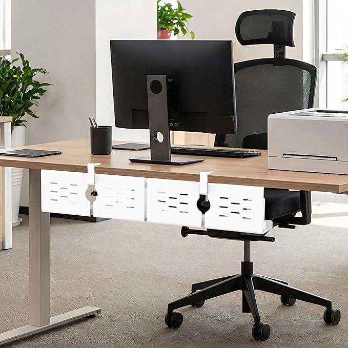 KEEGH 16" Under Desk Cable Management Tray, No Drill Clamp Mount, Desk Cord Organizer Upgrade Capacity, Cord Management Tray for Home Office, Gaming Desk, Standing Desk, White, 2 Pack