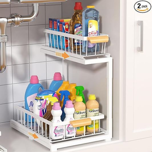 Under Sink Organizer 2 Tier, Pull Out Drawer Slides Under Sink Storage for Bathroom Kitchen,Multi-Purpose Drawer Under Cabinet Organizer for Cleaning Supplies (White, Large-1 Pack)