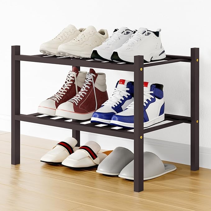 Smiry Small Bamboo Shoe Rack, 2 Tier Free Standing Wooden Shoe Organizer, Stackable Wood Shoe Storage Shelf for Closet, Entryway, 12 Vertical Slats, One-piece Standard Legs, 17.3"x11"x13", Brown
