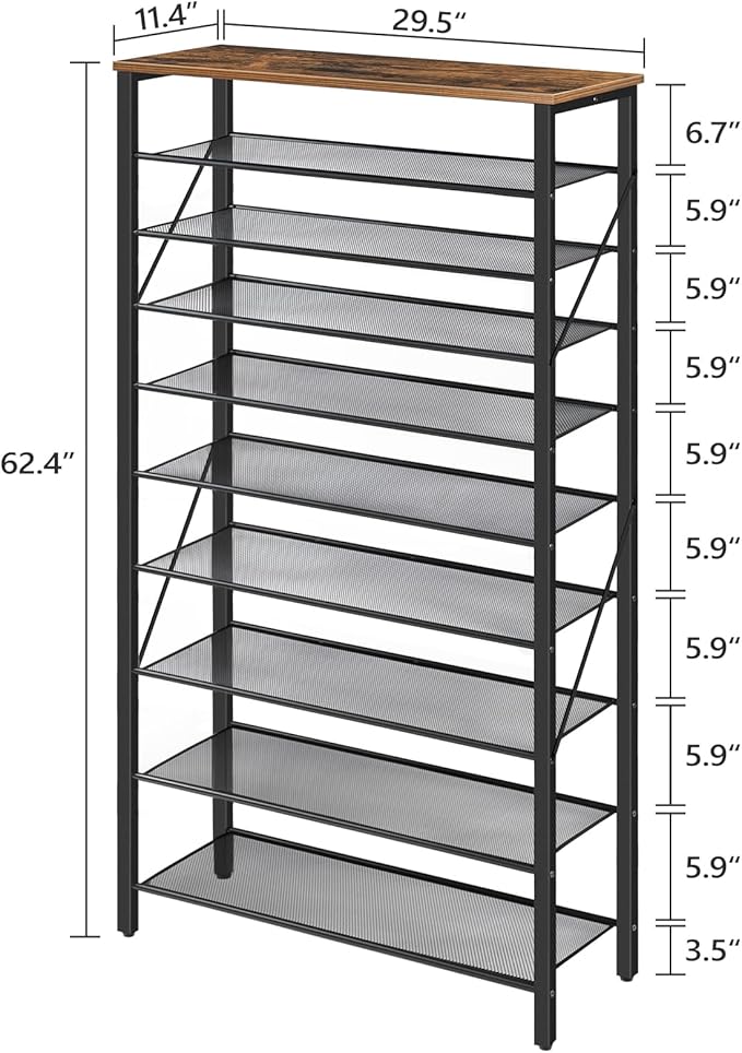 MAHANCRIS 10 Tier Shoe Rack Organizer for Closet, Holds 36-40 Pairs, Tall Metal Shoe Storage Shelf for Entryway Bedroom, Sturdy Freestanding Shoe Rack Space Saving, Large Capacity, Rustic Brown