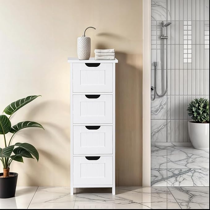 Bathroom Floor Storage Cabinet, Freestanding Wooden Side Organizer w/4 Drawers & Anti-Tip Kit for Bathroom Living Room Hallway Office Study, White | Freestanding