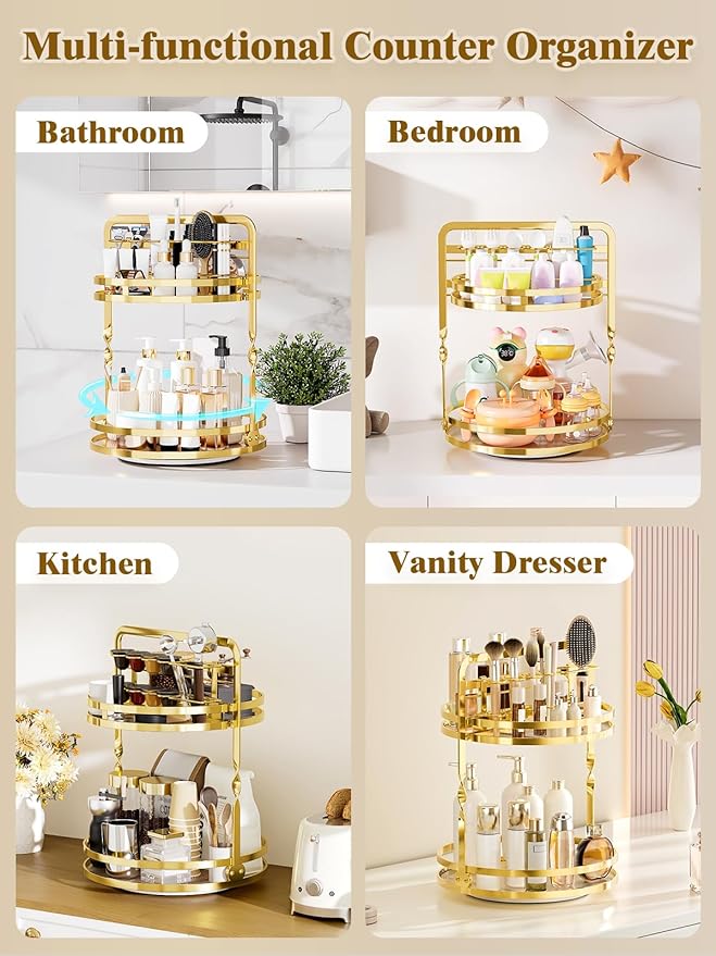 360° Rotating Makeup Organizer, 2-Tier Gold Perfume Organizer for Dresser, Bathroom Organizer Countertop, Lazy Susan Spinning Perfume Stand Vanity Skincare Storage with Makeup Brush Holder