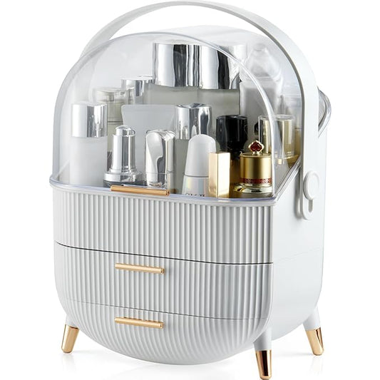 Makeup Organizer, Skincare Organizer with 2 Drawers and Transparent Cover, White