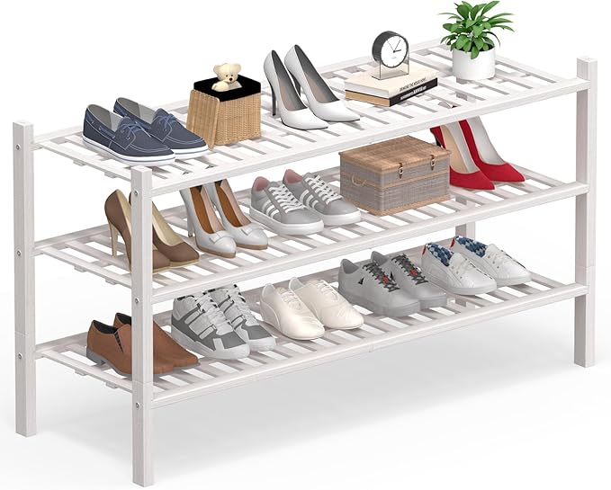 Haddockway Long 3 Tier Bamboo Shoe Rack Storage Organizer,Multifunctional Free Standing Stackable Shoe Shelf with Grid Panel for Closet,Hallway,Entryway,Small Space 34.2"x11"x20"