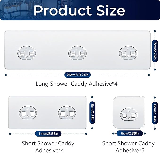 14 Pack Shower Caddy Adhesive Replacement, Strong Adhesive Hooks, Waterproof Shower Adhesive Strips, No Drilling, for Bathroom Storage Shelves