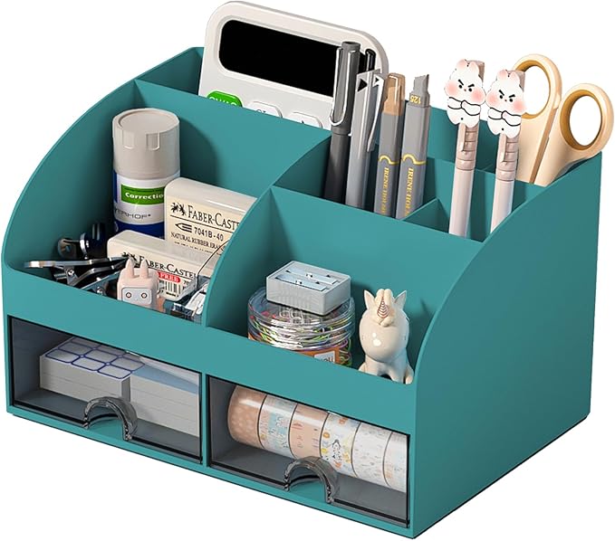 Desk Organizer with 6 Compartments and 2 Drawers, Dark Green